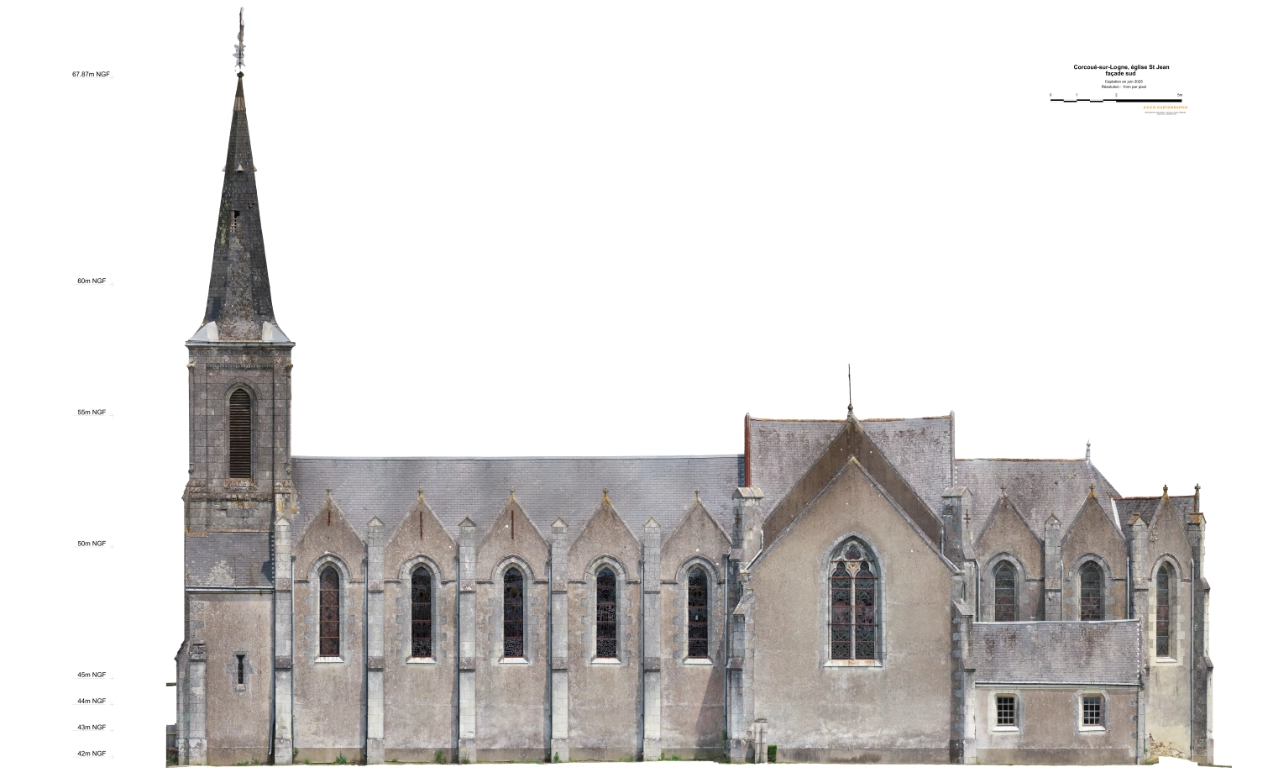 Relevé de façade d'église par photogrammétrie drone